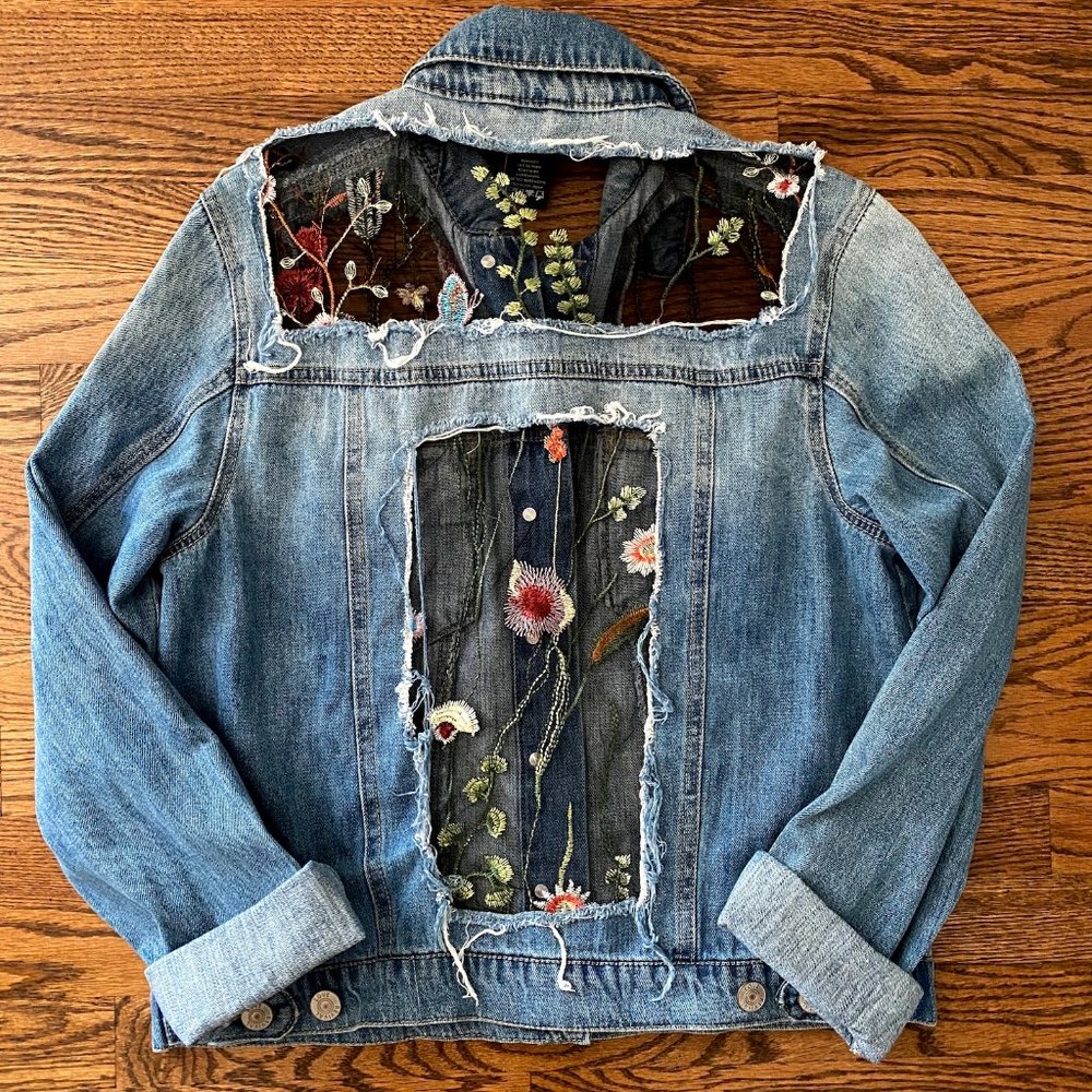SOLD Floral Mesh Embroidered Upcycled Distressed Denim Ripped Jean Jacket